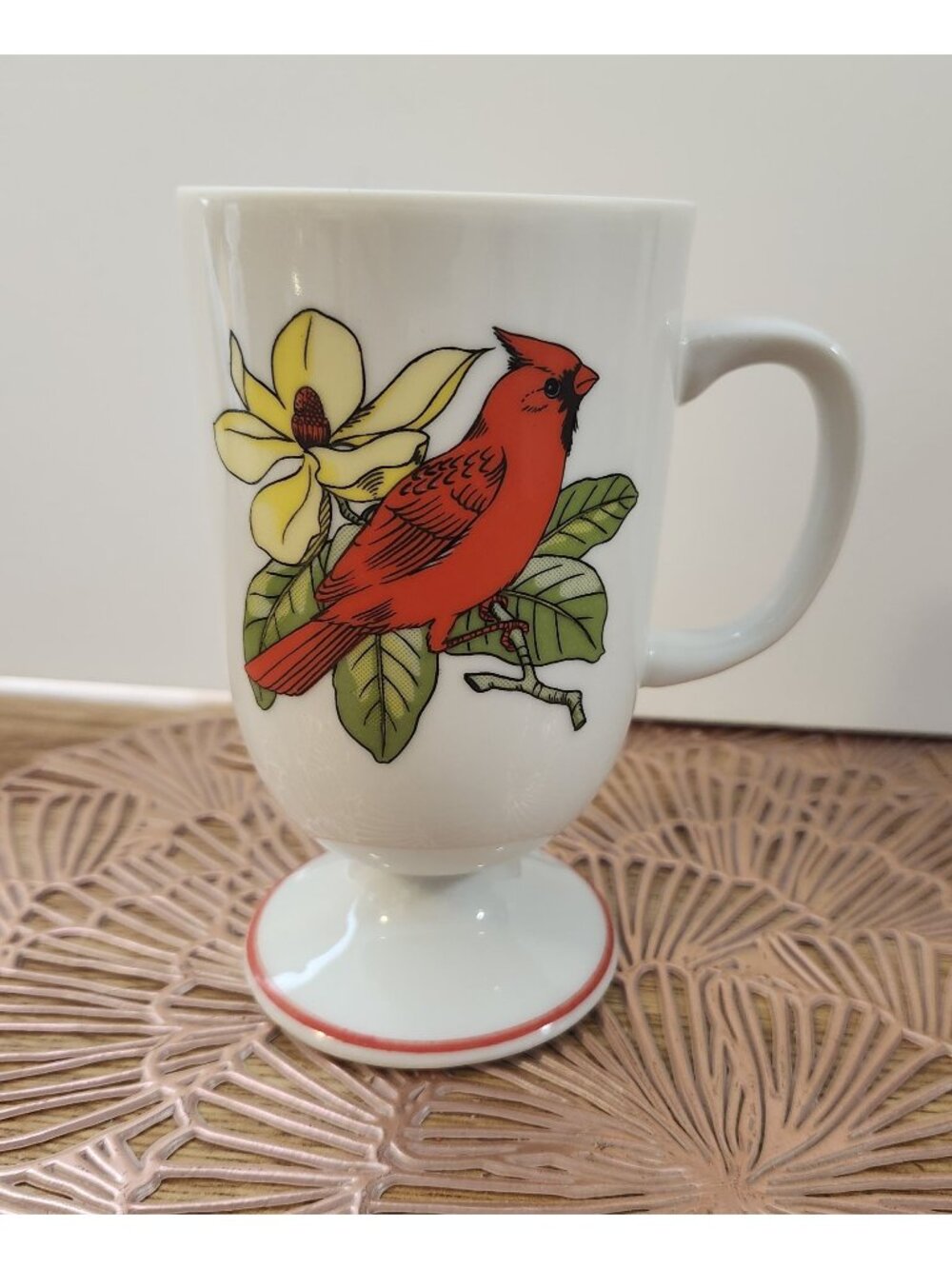 Irish Coffee Mug Red Cardinal Pedestal Handled Cup Bird Yellow Flower